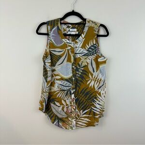 C&C California Leaf Print Sleeveless Blouse 100% Linen Size Small